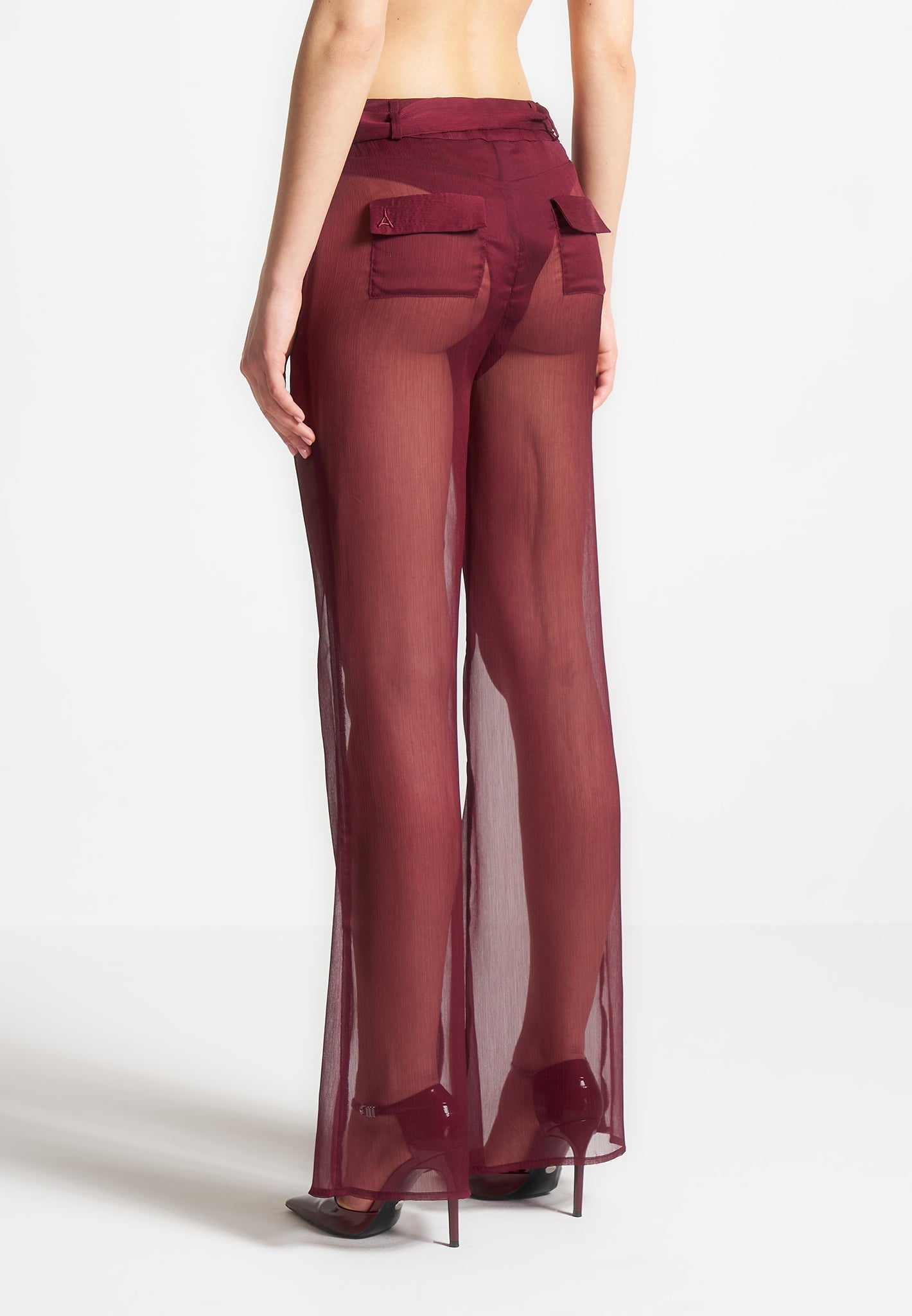 Sheer Belted Trousers - Wine Red