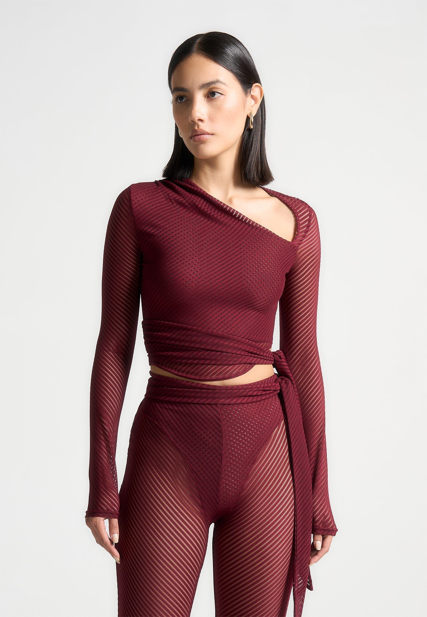 Ribbed Sheer Top with Tie - Wine Red